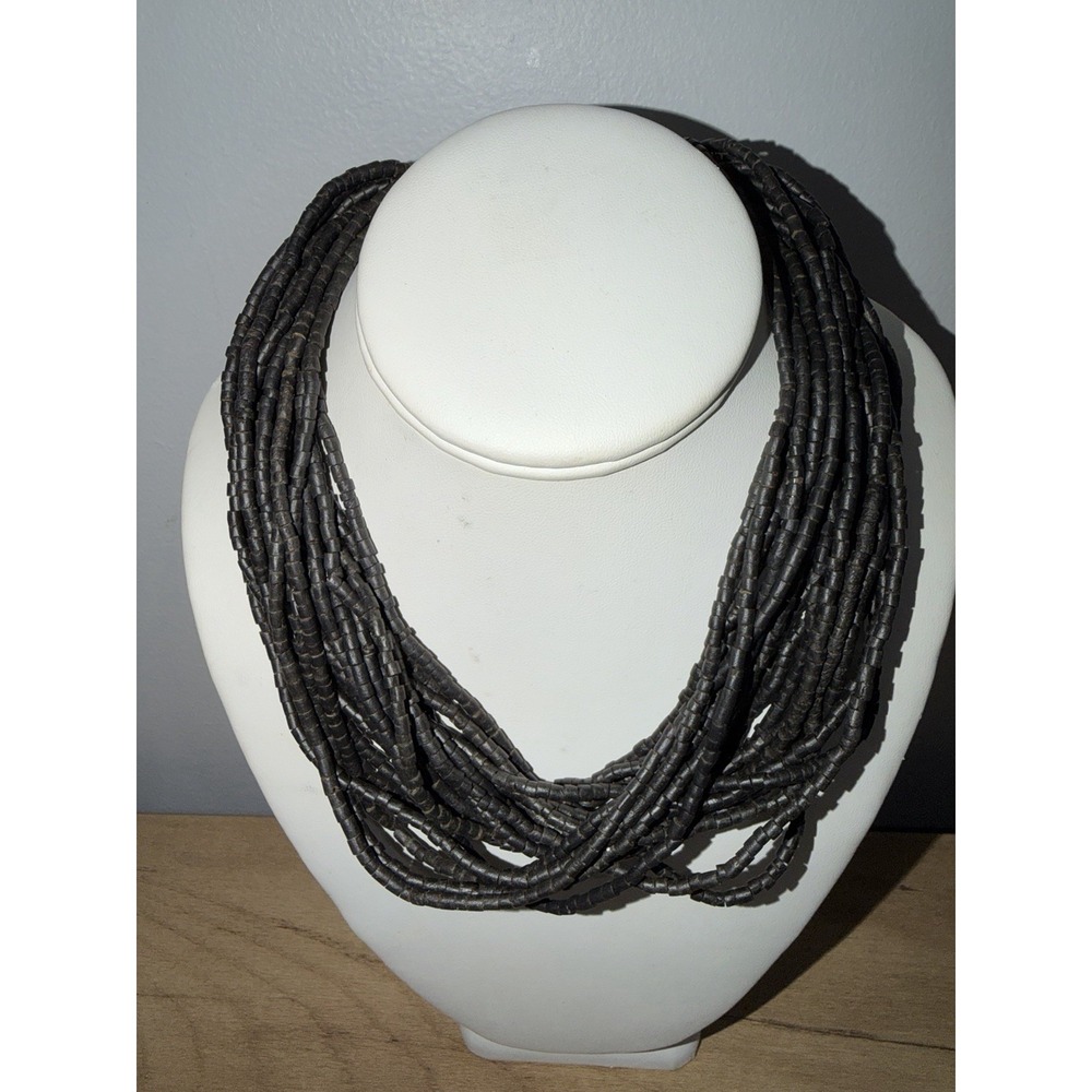 Vintage Necklace with Black Clay Beads Multiple Strands